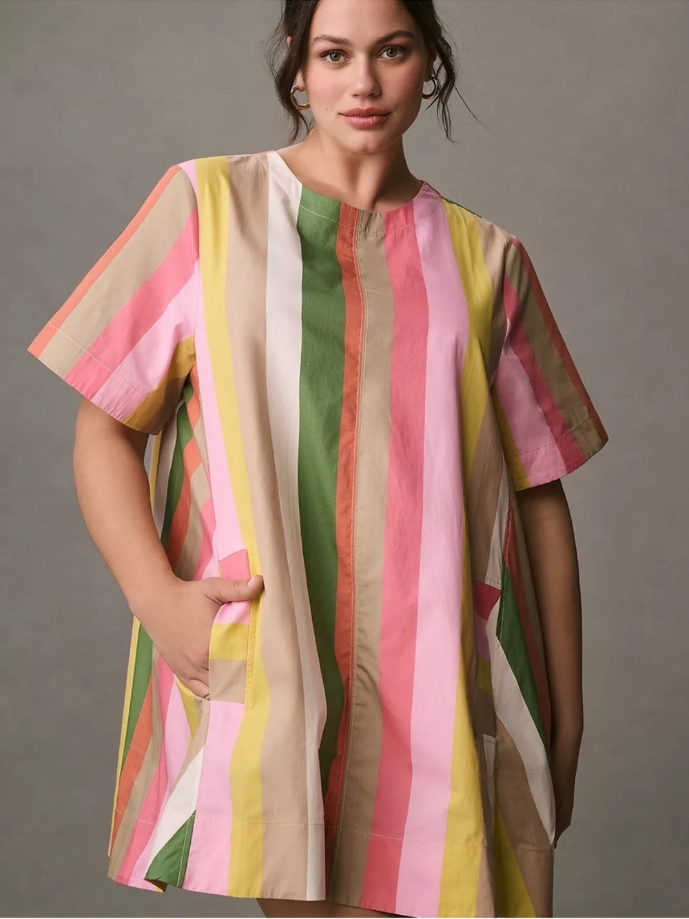 Maeve Multicolor Vertical Stripe Short Sleeve Top - Pink, Yellow, Green